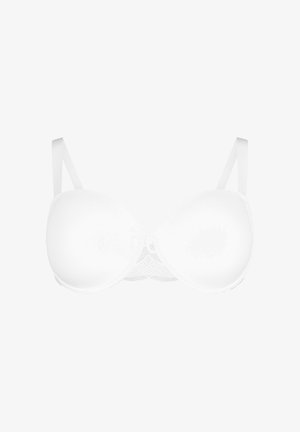 Soutien-gorge rembourré blanc avec des coques lisses, des bretelles réglables et une accent en dentelle au centre. Design simple sans matériel visible.