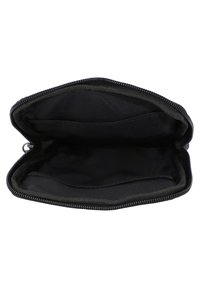 Black zippered wallet with an open interior, featuring two compartments and a smooth fabric lining. No external design elements or patterns.