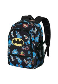 Mochila negra con el logo de Batman, decorada con personajes de dibujos animados en azul y rojo. Incluye cierres de cremallera y un bolsillo lateral de malla.
