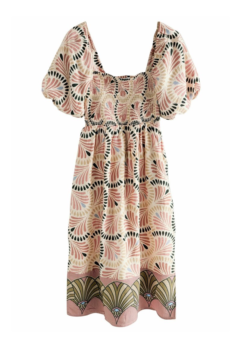 Robe courte à manches ballons, corsage froncé et motif floral en éventail en rose, noir, beige et bordure vert olive.