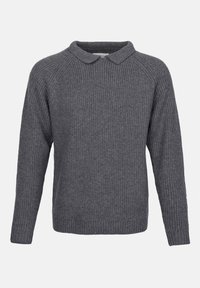 Grå ribbad tröja med krage och långa ärmar. Har en texturerad stickad design och en avslappnad passform.