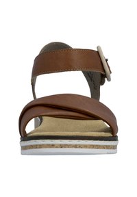 Brown leather sandal with cushioned footbed, adjustable ankle strap with buckle, and layered sole in beige, white, and black colors.