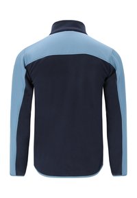 Herren-Fleecejacke mit langen Ärmeln, dunkelblauer Körper mit hellblauen Schulter- und Ärmel-Einsätzen, Rückenansicht.