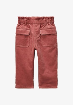 Shorts en velours côtelé rose poussiéreux avec une taille élastique, deux poches avant et un tissu texturé. Coupe droite avec une longueur mi-cuisse.