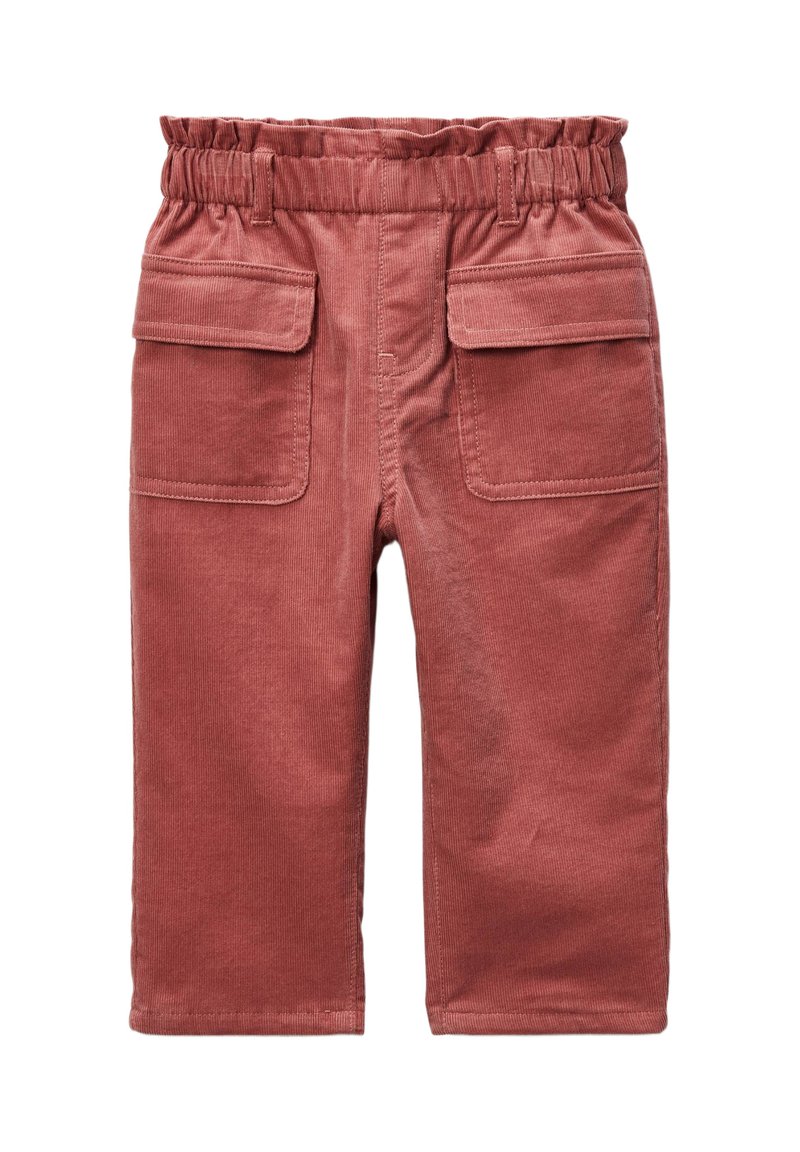 Shorts en velours côtelé rose poussiéreux avec une taille élastique, deux poches avant et un tissu texturé. Coupe droite avec une longueur mi-cuisse.