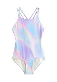 Plavky s pastelovým dúhovým gradientným dizajnom, vyrobené z mäkkého materiálu. Majú tenké krížové ramienka a klasický strih pre zakrytie.