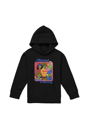 Schwarzer Kapuzenpullover mit einem bunten Motiv einer Zombie-Familie und dem Schriftzug "Normal ist langweilig" auf der Vorderseite.