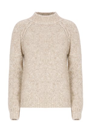 Maglione lavorato a maglia beige con collo alto, maniche raglan e finitura testurizzata. Presenta polsini e orlo a coste.