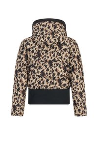 Gewatteerde jas met een capuchon, voorzien van een beige en zwarte luipaardprint. De onderkant is effen zwart, met elastische manchetten voor een snug fit.