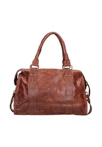 Borsa da viaggio in pelle marrone con due manici, finiture dorate, texture liscia e un design spazioso con dettagli laterali.