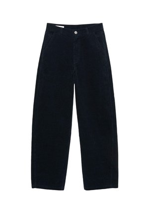 Dunkelblaue Cordhosen mit weitem Bein, ausgestattet mit zwei Fronttaschen, einem Metallknopf und vertikalem Rippenmuster.