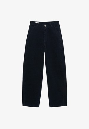 Dunkelblaue Cordhosen mit weitem Bein, ausgestattet mit zwei Fronttaschen, einem Metallknopf und vertikalem Rippenmuster.
