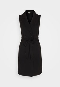 Schwarzes, ärmelloses Kleid mit aufgeschlitztem Revers, doppelreihigen Knöpfen, einem taillierten Gürtel und einer glatten Textur.