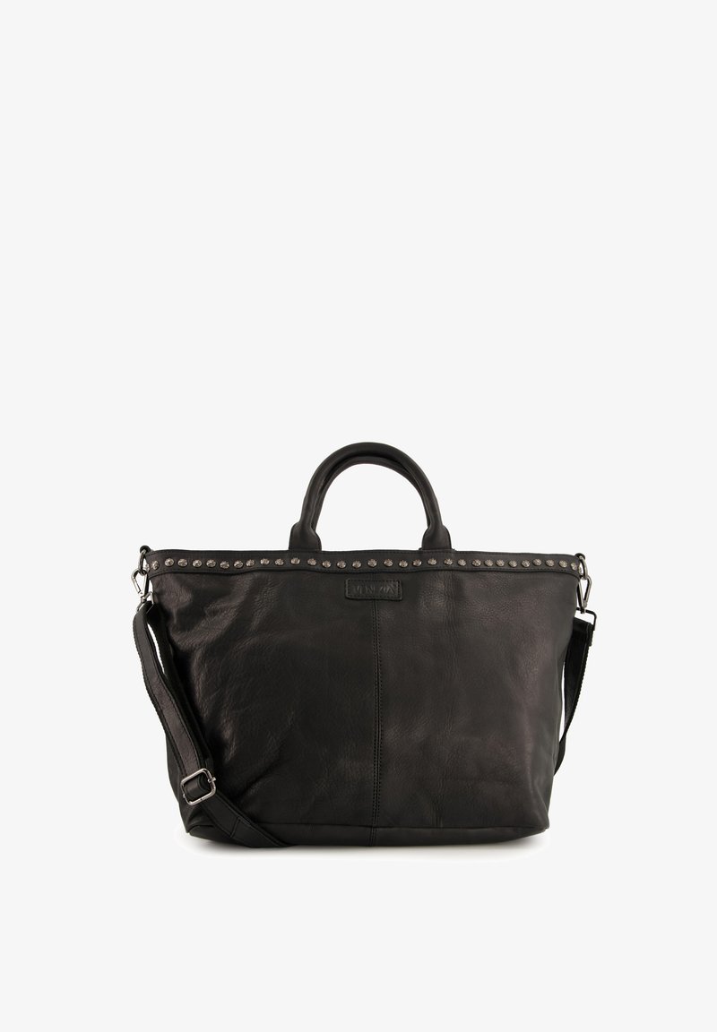 Sort læder tote taske med nitter. Har dobbelte greb og en aftagelig skulderrem. Glat tekstur og struktureret design.