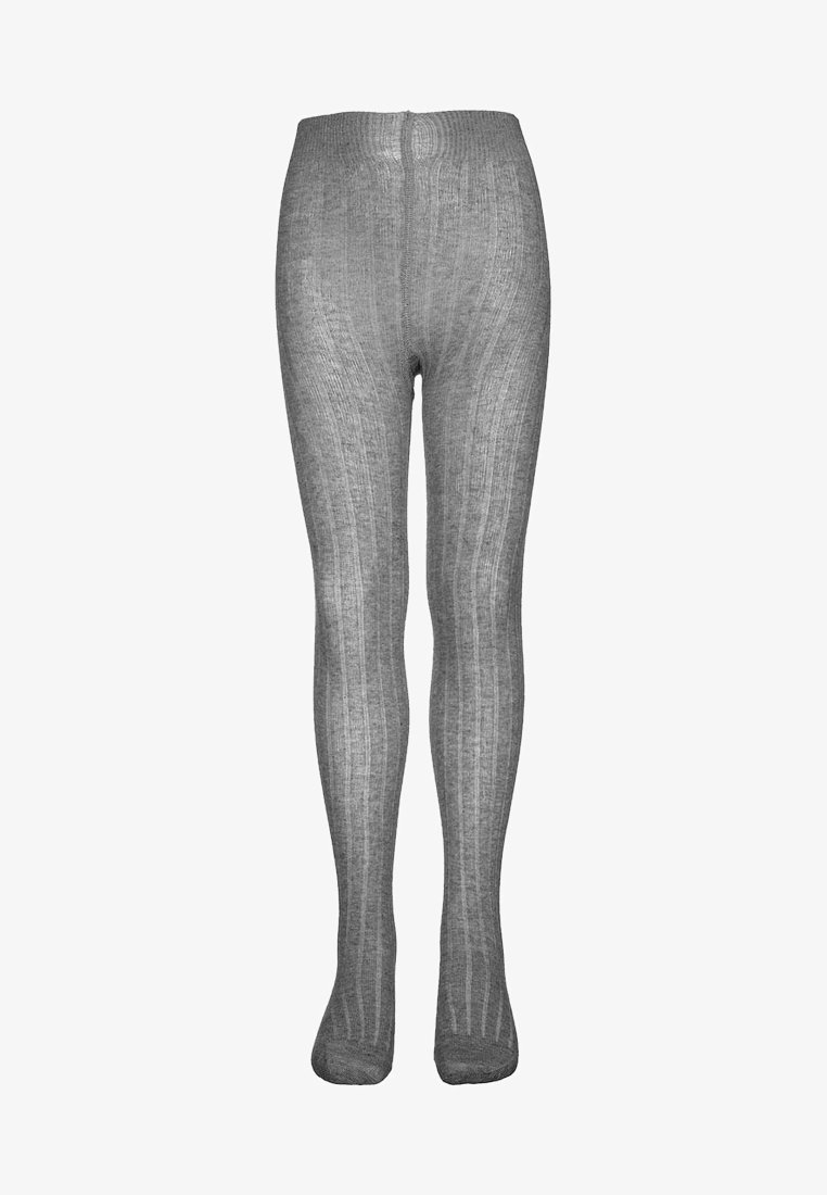 Collants gris en maille côtelée avec une finition douce et texturée, taille élastique et coupe ajustée sans coutures visibles.