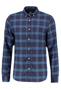 Niebieska i granatowa koszula w kratę z długim rękawem, z kołnierzykiem zapinanym na guziki, z guzikami z przodu oraz jedną kieszenią na piersi. Miękka tekstura tkaniny z wzorem w kratę.