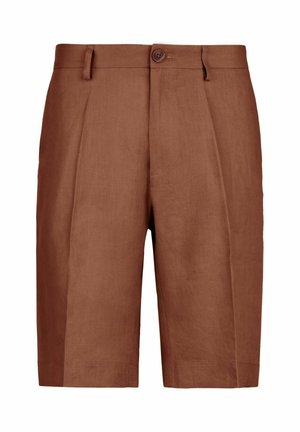 Braune maßgeschneiderte knielange Shorts mit Gürtelschlaufen, vorderen Falten und Knopfverschluss am Bund.