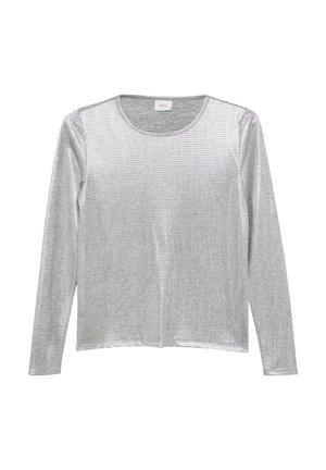 Haut à manches longues en tissu en maille argentée brillante avec un col rond et une coupe décontractée, présentant un motif en grille sur l'ensemble.