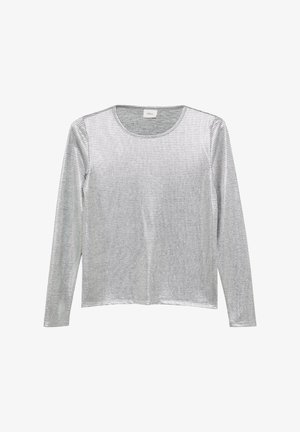 Langemouwen top van glanzende zilveren gaasstof met een ronde halslijn en een losse pasvorm, met een rasterpatroon door het geheel.