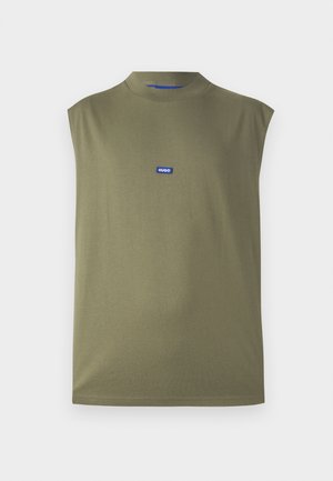 Sleeveless olive green top made of soft fabric, featuring a high neck and a blue HUGO logo on the chest. Smooth texture, minimal design.