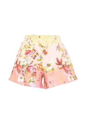 Shorts met een bloemenpatroon met roze en gele verloopkleur, elastische tailleband en vetersluiting aan de voorkant.