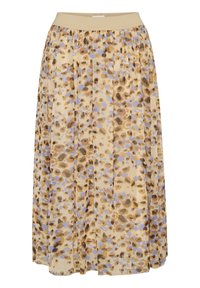 Beige midi-hame, jossa on monivärinen eläinkuos, jossa on ruskeita ja violetteja pisteitä. Joustava vyötärö, kevyt kangas.