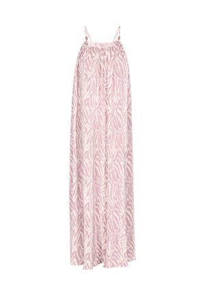 Dlouhé, bezramínkové šaty v světlé růžové barvě s bílým abstraktním vzorem zebry. Obsahují nastavitelné popruhy a lehkou, volnou látku.