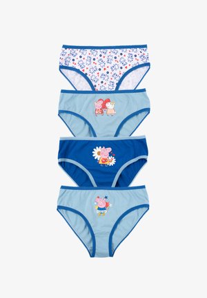 Quattro paia di mutande per bambini in cotone. Presentano colori blu e bianchi, varie stampe con personaggi dei cartoni animati e rifiniture decorative.