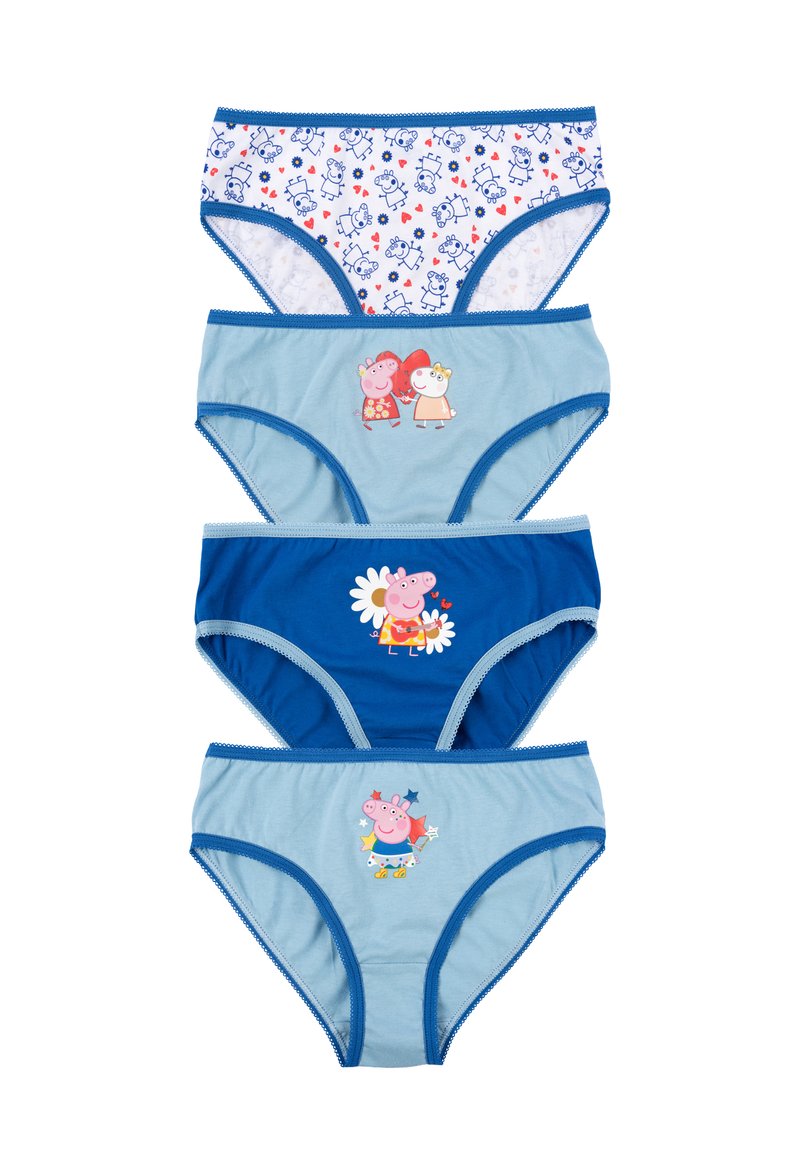 Vier Paare Kinderunterwäsche aus Baumwolle. Mit blauen und weißen Farben, verschiedenen Drucken mit Cartoonfiguren und dekorativen Borten.