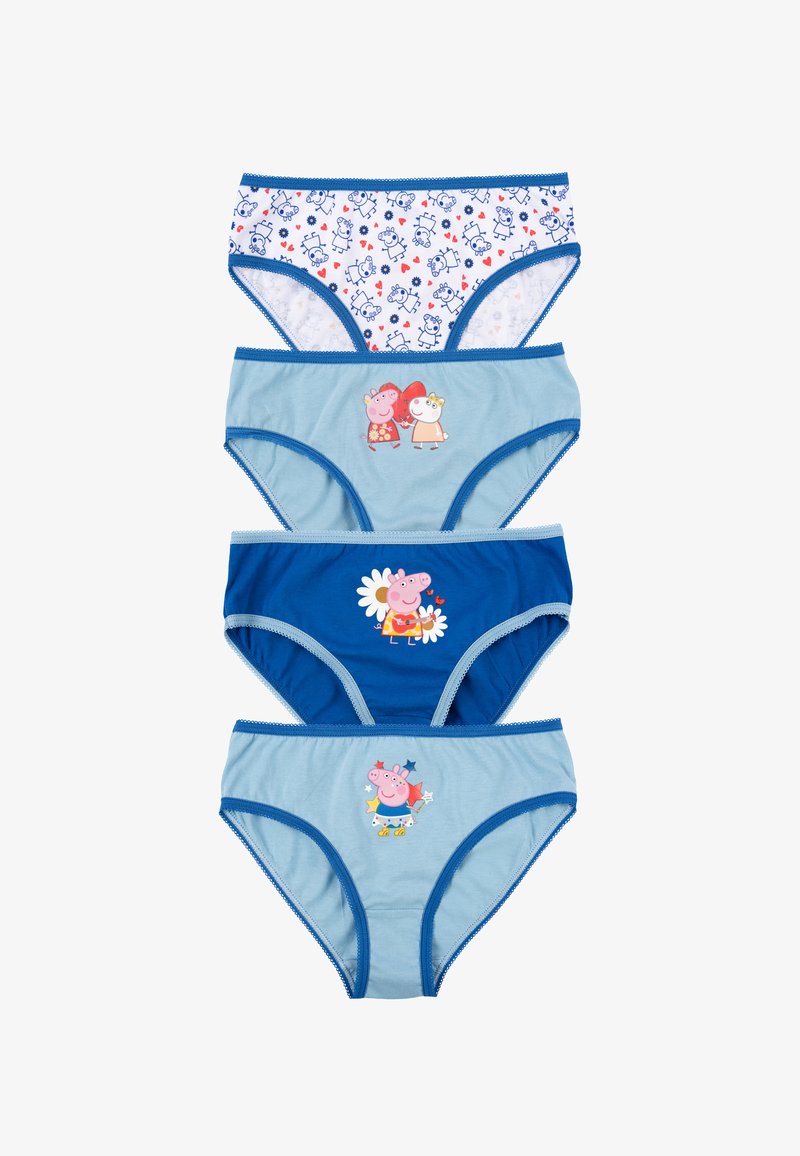 Vier Paare Kinderunterwäsche aus Baumwolle. Mit blauen und weißen Farben, verschiedenen Drucken mit Cartoonfiguren und dekorativen Borten.