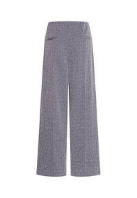 Pantalon gris taille haute à jambes larges avec un motif chevron discret et deux petites poches fendues à l'avant.