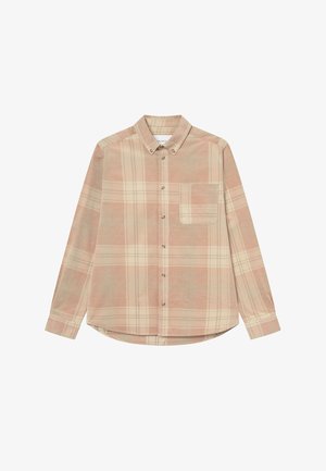 Camicia a maniche lunghe in morbido tessuto, con un motivo a quadri rosa e beige, chiusura con bottoni sul davanti e una tasca sul petto.