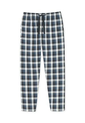 Gepofte pyjamabroek in blauw, grijs en wit. Elastische tailleband met een trekkoord, zijzakken en een losse pasvorm. Katoenen materiaal.