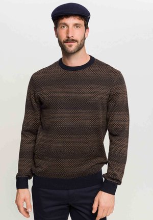 Knit sweater in dark brown with diamond pattern. Ribbed neckline and cuffs in solid navy. Smooth texture, regular fit.