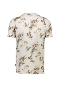 Lyhythihainen t-paita beigessä värissä, jossa on kukkakuosi ruskeilla lehdillä ja vaaleilla kukilla. Valmistettu pehmeästä, kevyestä kankaasta.