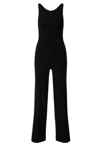 Schwarzer gerippter Jumpsuit mit Rundhalsausschnitt, tailliertem Oberteil und weit geschnittenen Hosenbeinen. Aus dehnbarem Material für einen bequemen Sitz.
