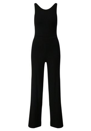 Schwarzer gerippter Jumpsuit mit Rundhalsausschnitt, tailliertem Oberteil und weit geschnittenen Hosenbeinen. Aus dehnbarem Material für einen bequemen Sitz.