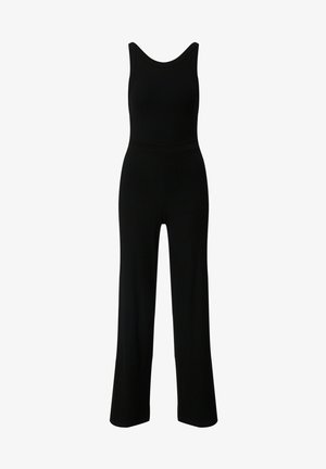 Schwarzer gerippter Jumpsuit mit Rundhalsausschnitt, tailliertem Oberteil und weit geschnittenen Hosenbeinen. Aus dehnbarem Material für einen bequemen Sitz.