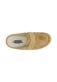 Beige slipper met een zachte textiele bovenkant, gesloten hiel en gevoerde binnenzool. Heeft een ronde neus en minimale naden voor comfort.