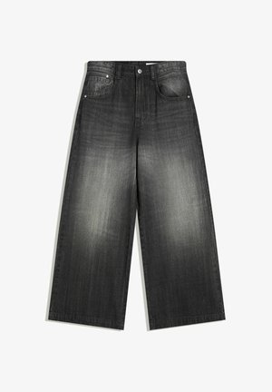 Wide-leg denim pants in faded black, featuring a classic five-pocket design and a slightly textured surface. Metal hardware accents.