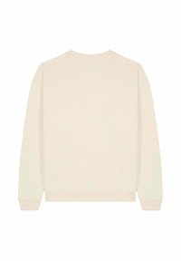 Sudadera de cuello redondo en beige claro, fabricada con un tejido suave. Cuenta con puños y dobladillo acanalados, con un corte relajado y sin patrones ni marcas visibles.