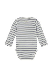 Långärmad baby bodysuit i vitt med marinblå horisontella ränder, mjukt bomullsmaterial och rund halsringning. Har tryckknapp stängning i botten.