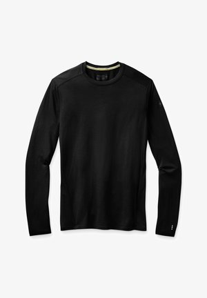 Schwarzes Langarmshirt aus glattem Stoff. Mit Rundhalsausschnitt, Kontrastnähten und einem kleinen Logo auf dem linken Ärmel.