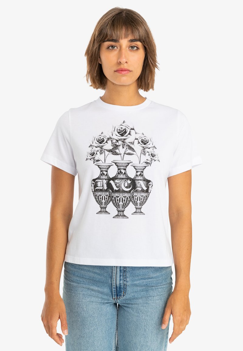 White cotton t-shirt featuring a black graphic of three vases with roses. Short sleeves, round neckline, and relaxed fit.