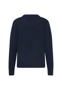 Pull tricoté bleu foncé à manches longues avec col rond et bords-côtes aux poignets et à l'ourlet, montré de dos.