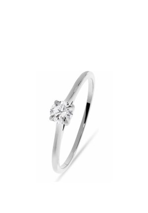 Thin silver ring with a single round-cut clear diamond held by four prongs on a white background.