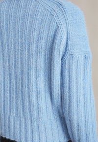 Hellblauer gerippter Pullover mit strukturierter Oberfläche und kurzem Design. Verfügt über lange Ärmel und einen breiten Saum. Weiches, gestricktes Material.