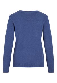 Modra pletena jopica z V-izrezom, dolgimi rokavi, rebrastimi manšetami in robom, mehko teksturo in prilegajočim krojem.