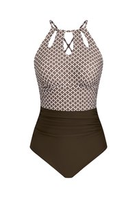 Jednoczęściowy kostium kąpielowy w kolorze brązowym i białym w wzory, z wysokim dekoltem, krzyżującymi się ramiączkami oraz jednolitym, ciemno-brązowym dołem. Szczegóły z fakturowanej tkaniny.