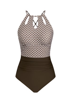 Maillot de bain une pièce à motif brun et blanc avec un col haut, des bretelles croisées et un bas uni brun foncé. Détail en tissu texturé.